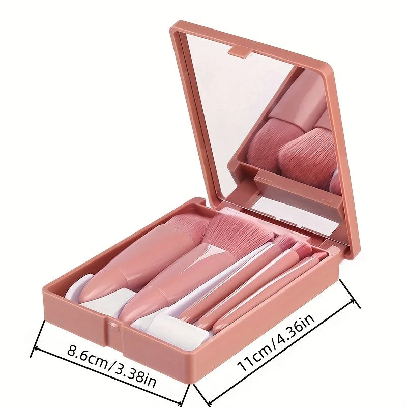 5Pcs Portable Makeup Brush Set With Mirror - Foldable Travel Kit ,Mini Makeup Brush Set Travel Makeup Brush Set