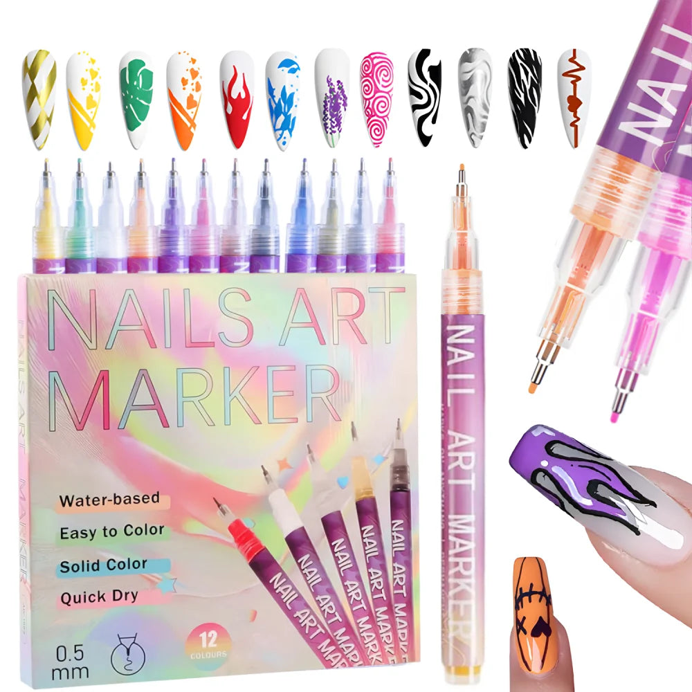 Nail Art Markers 12Colors 0.5mm Nail Art Pens Set,DiY Nail Art Marker Drawing Painting Liner Pen for Home Salon,Drawing Painting