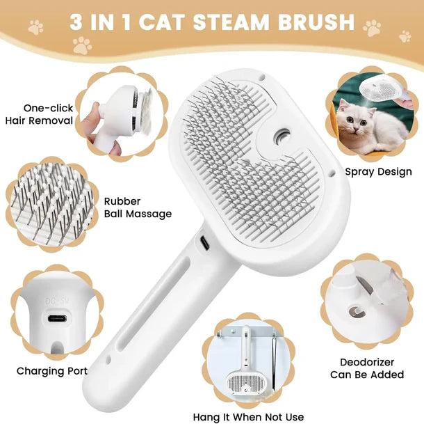 3-in-1 Steam Pet Grooming Brush – Self-Cleaning, De-Shedding & Spray Care for Dogs & Cats
