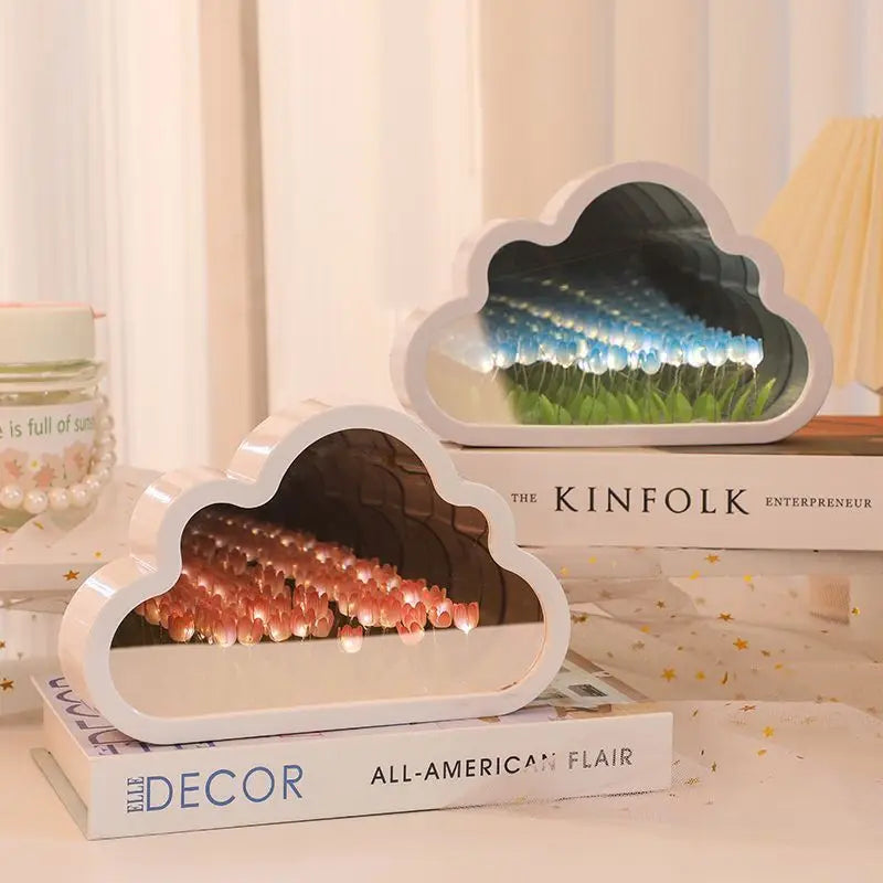 Cloud Tulip Infinity Night Light showcasing mirrored tulips in a cloud-shaped frame, adding enchanting decor elegance.