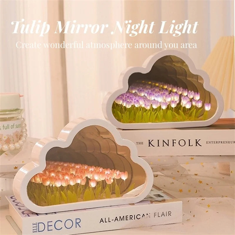 Cloud-shaped tulip mirror night lights creating a calming atmosphere, showcasing beautiful handcrafted designs.