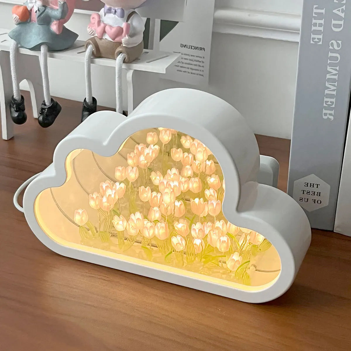 Cloud Tulip Infinity Night Light with handmade tulips, showcasing a soft glow in a unique cloud-shaped design.