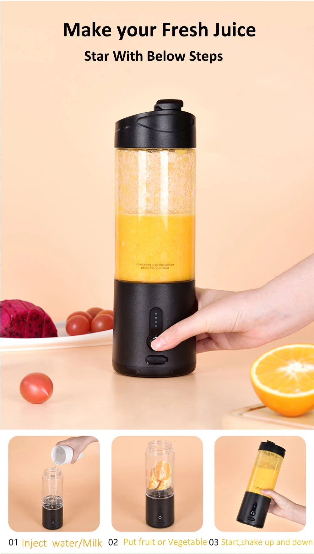Portable Blender Mini Electric Fruit Juicer Mixer USB Rechargeable Smoothie Orange Fresh Juice Blender Portable Blender
