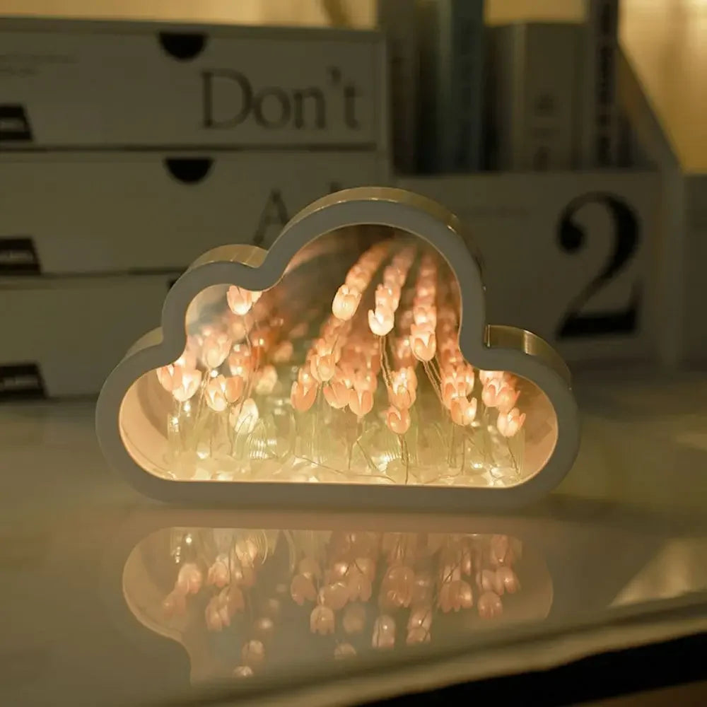 Handmade Cloud Tulip Infinity Night Light with soft glow, featuring delicate tulip lights inside a cloud-shaped frame.