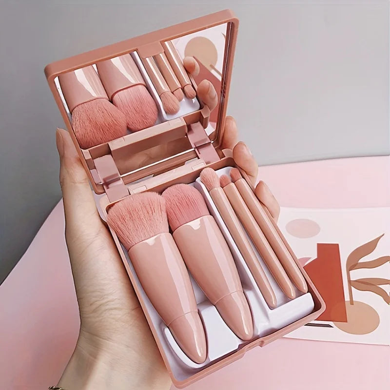 5Pcs Portable Makeup Brush Set With Mirror - Foldable Travel Kit ,Mini Makeup Brush Set Travel Makeup Brush Set