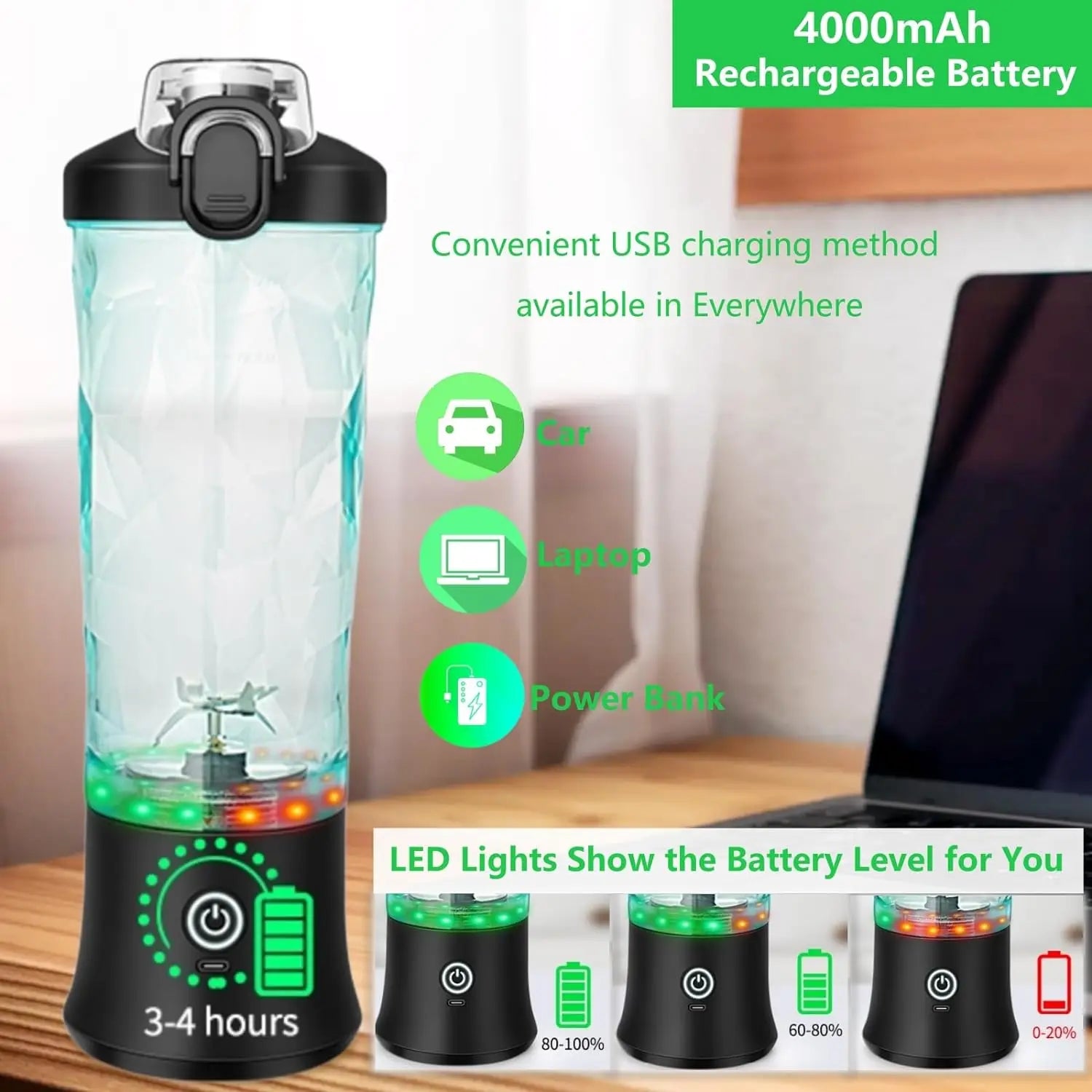 Portable Blender, Cordless, 18oz. Vessel, Personal Blender-for Shakes & Smoothies, BPA Free, Leakproof-Lid USB-C Rechargeable