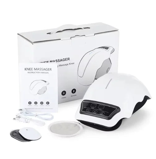 Heat Flex Wireless Knee Massager with box, instruction manual, and accessories for soothing heat therapy.