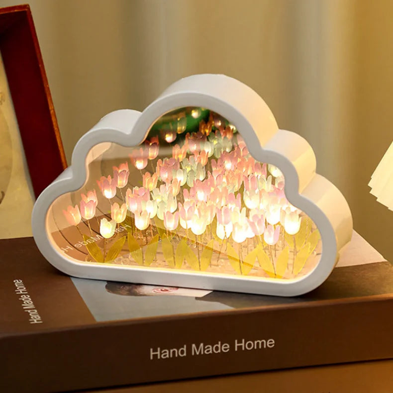 Cloud Tulip Infinity Night Light featuring a delicate flower design in a cloud-shaped frame, casting a soft glow.