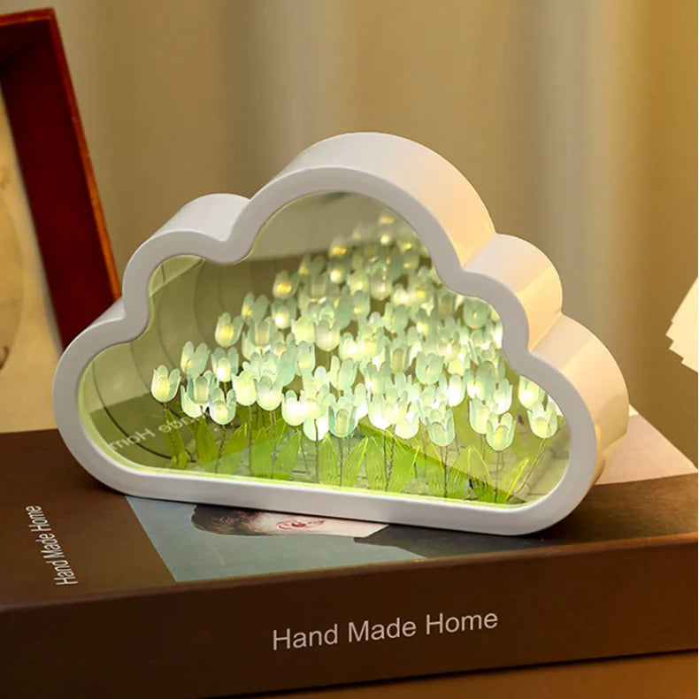 Handmade cloud-shaped night light featuring tulip designs with a mesmerizing infinity mirror effect.