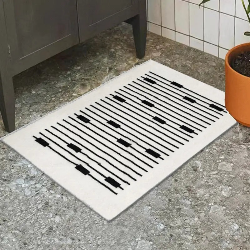Striped Non-Slip Bath Mat - Soft, Machine Washable (Black & White)