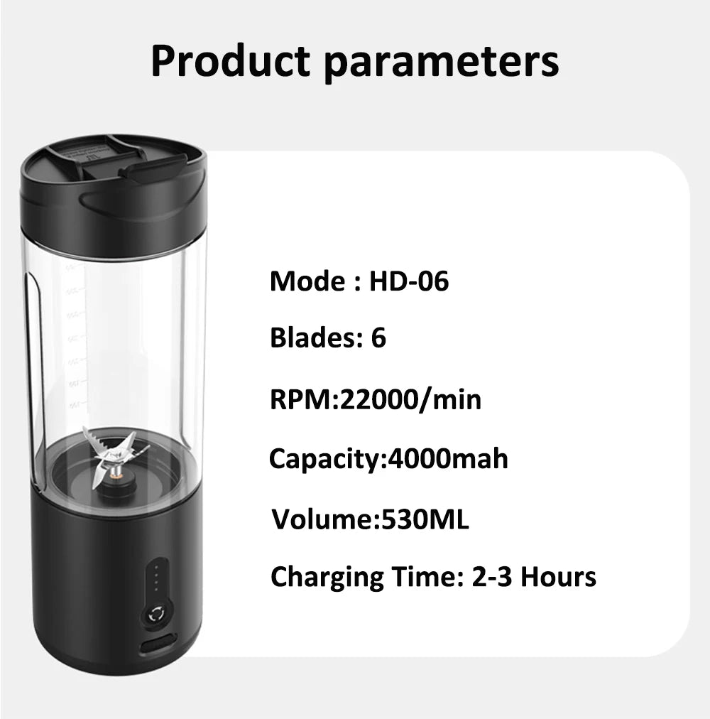 Portable Blender Mini Electric Fruit Juicer Mixer USB Rechargeable Smoothie Orange Fresh Juice Blender Portable Blender