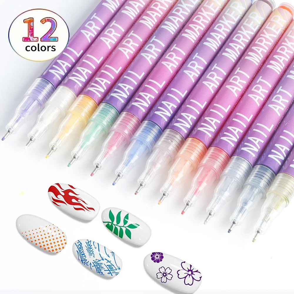 Nail Art Markers 12Colors 0.5mm Nail Art Pens Set,DiY Nail Art Marker Drawing Painting Liner Pen for Home Salon,Drawing Painting