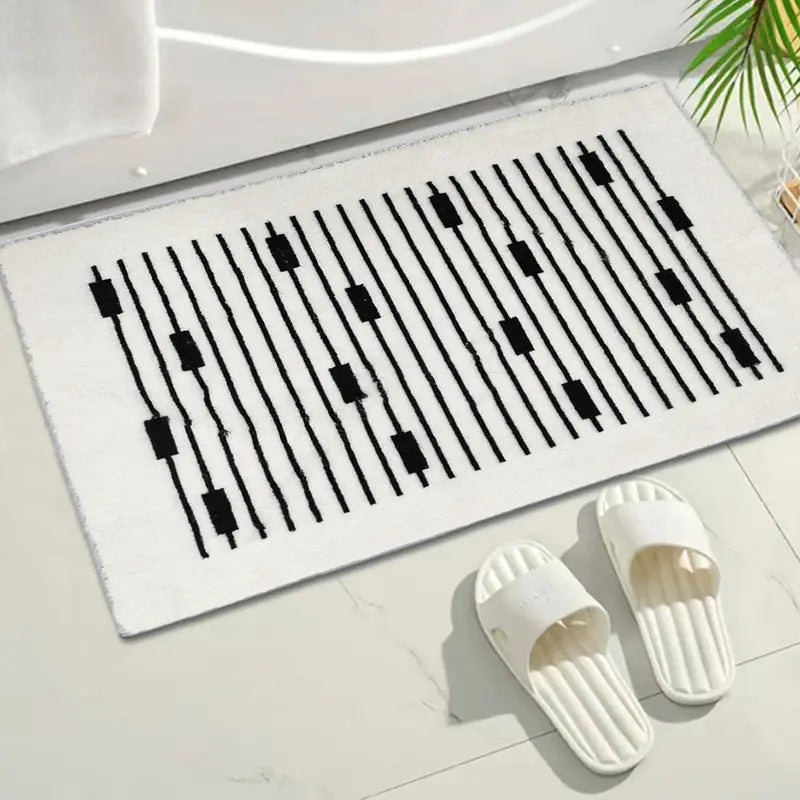 Striped Non-Slip Bath Mat - Soft, Machine Washable (Black & White)