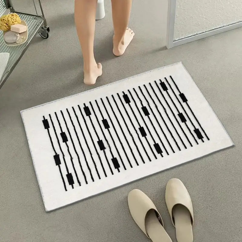 Striped Non-Slip Bath Mat - Soft, Machine Washable (Black & White)